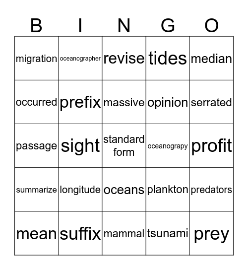 Ocean, Social Studies, Math, General, Challenge #2 Bingo Card