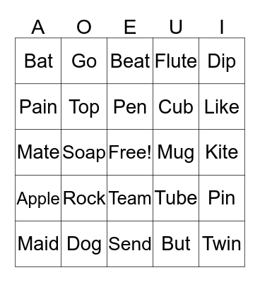 Vowel Sounds Bingo Card