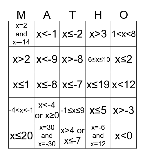 Inequalities Bingo Card