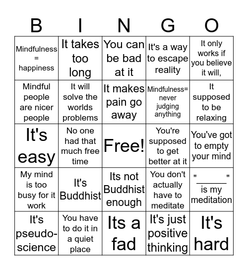 Mindfulness Misconceptions Bingo Card