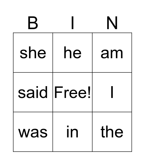 Sight Words Bingo Card