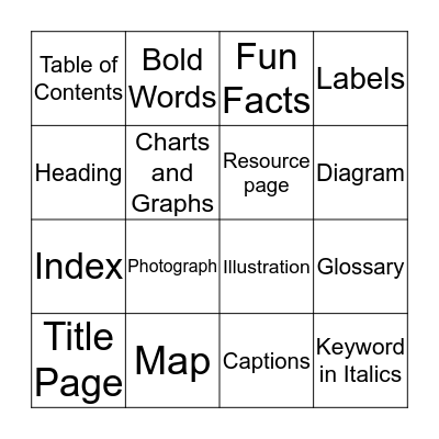 Text Feature Bingo Card