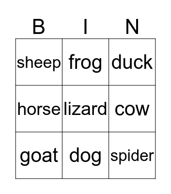 Animals Bingo Card