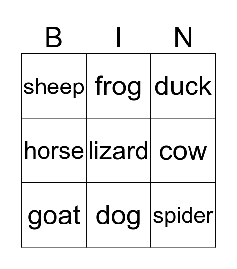 Animals Bingo Card