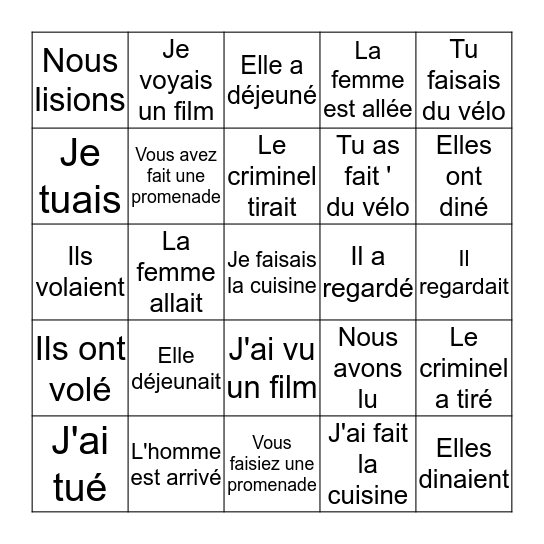 Impafait vs. Passé Composé Bingo Card