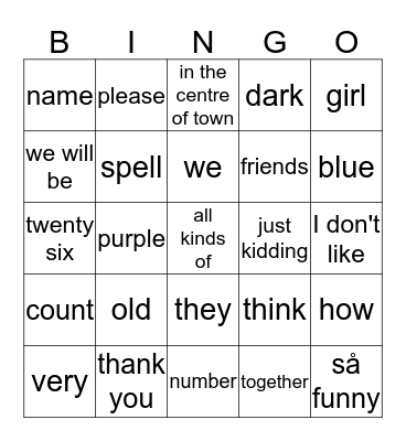 Word Bingo Card
