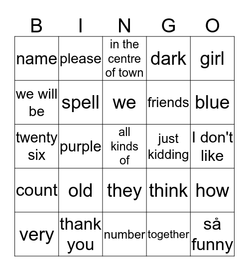 Word Bingo Card