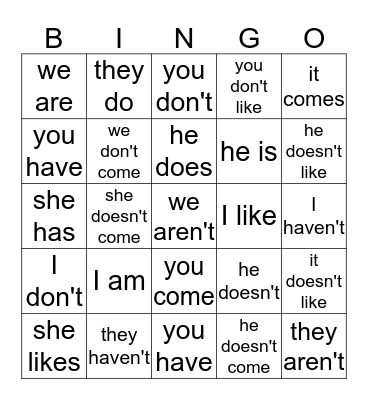 English verbs Bingo Card