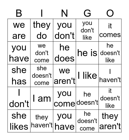 English verbs Bingo Card
