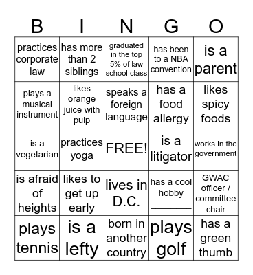 GWAC BINGO Card