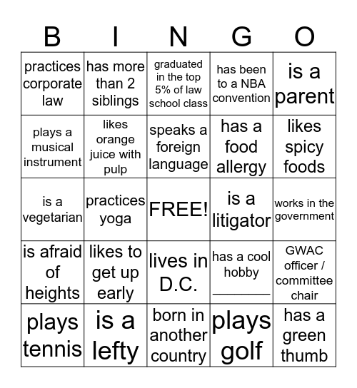 GWAC BINGO Card