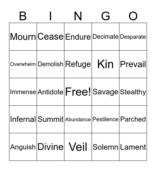 Gilgamesh Vocabulary Bingo Card