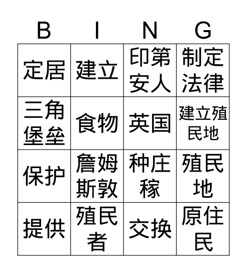 詹姆斯敦 Bingo Card