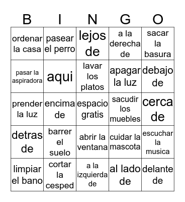 Household Chores and Prepositional Phrases Bingo Card