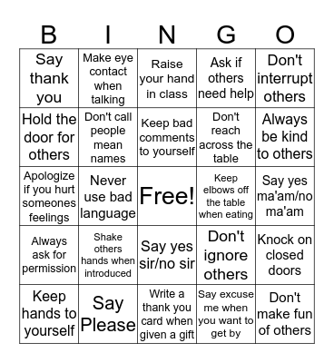 Good Manners Bingo Card