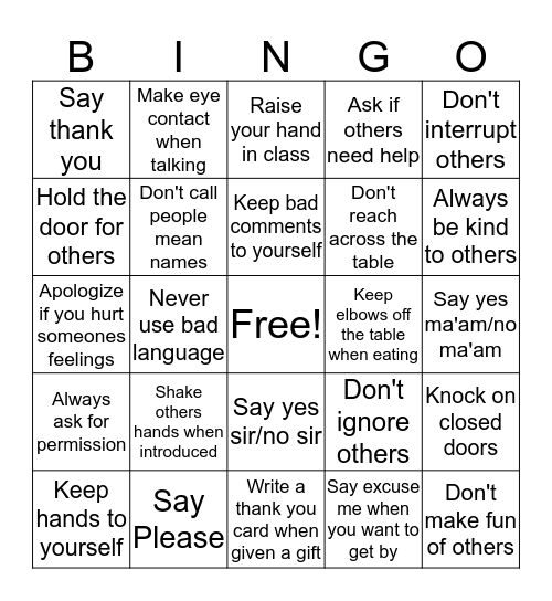 Good Manners Bingo Card