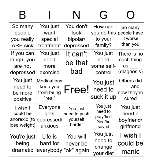 Mental Illness Stigma Bingo Card
