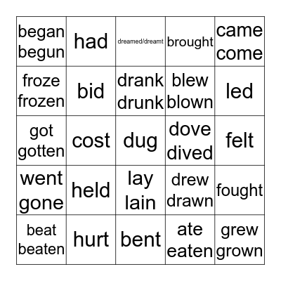 BINGO - IRREGULAR VERBS Bingo Card