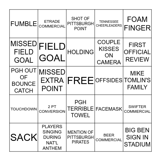 STEELER BINGO Card