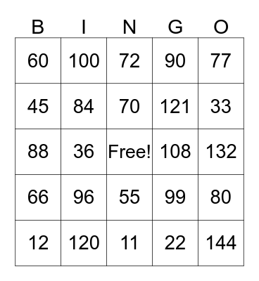 Multiplication 10, 11 and 12 Bingo Card