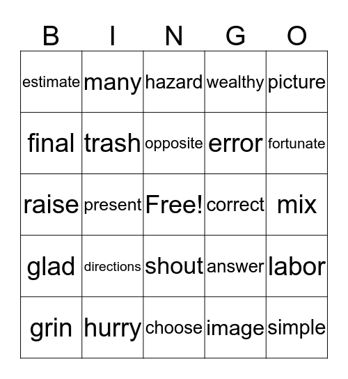 Synonyms Bingo Card