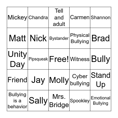 Kids Against Bullying Bingo Card