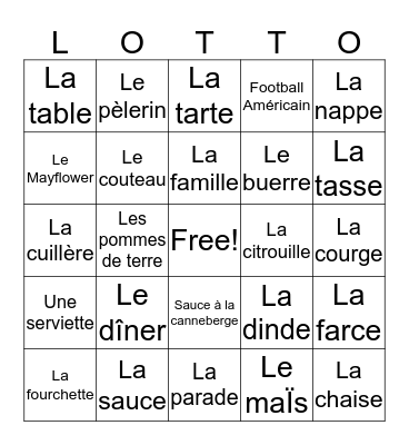 Action de Grace Bingo Card