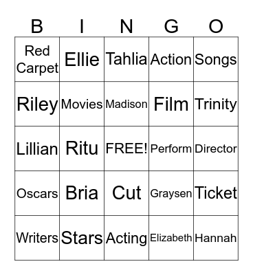 Movie Star Bingo Card