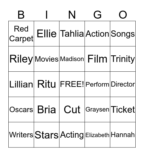 Movie Star Bingo Card