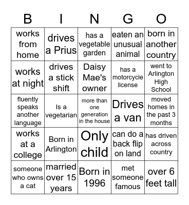 Tanager St Bingo Card
