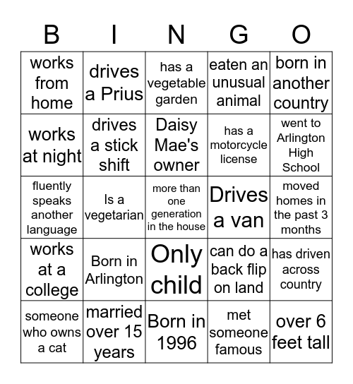 Tanager St Bingo Card