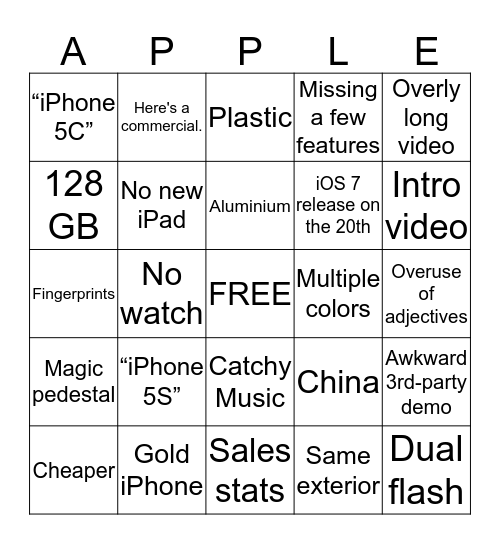 Apple Event September 10, 2013 Bingo Card