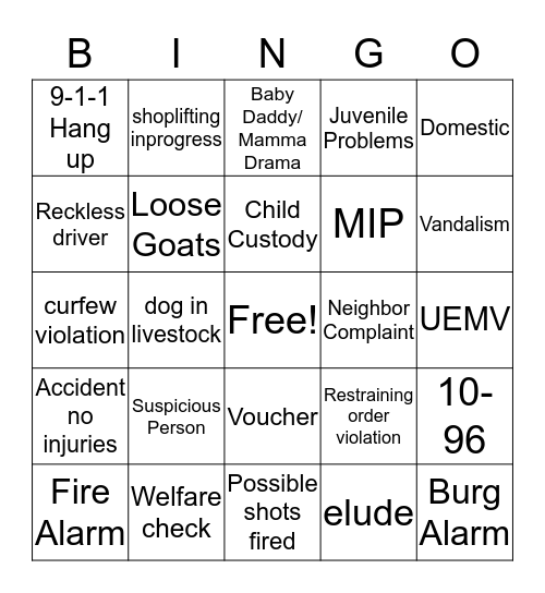 9-1-1 Dispatch Bingo Card