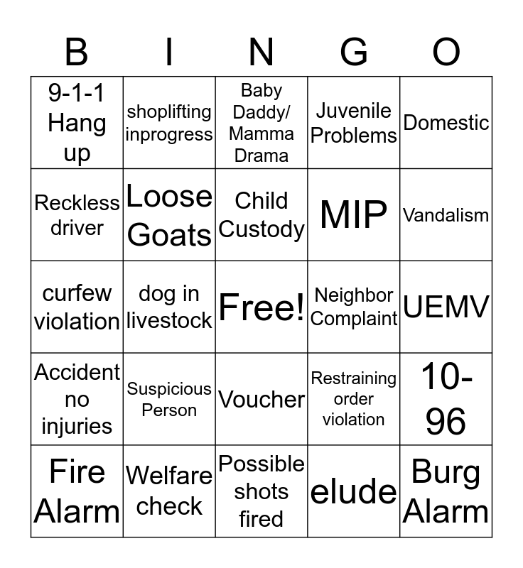9-1-1 Dispatch Bingo Card