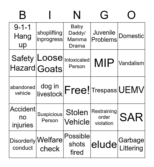 9-1-1 Dispatch Bingo Card