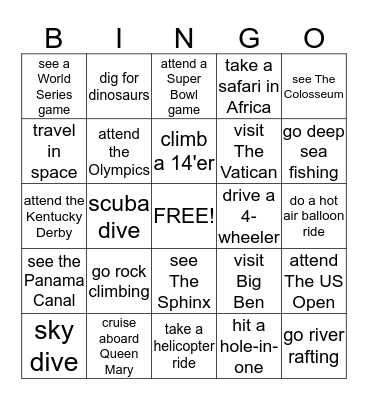Bucket List Bingo Card