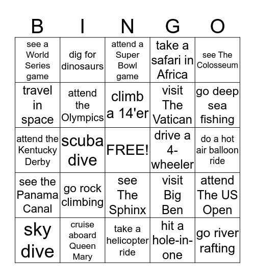 Bucket List Bingo Card