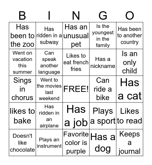 Student Search Bingo Card