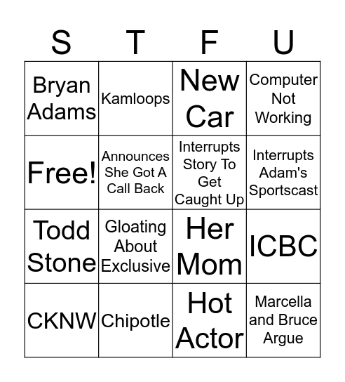 STFU Bingo Card