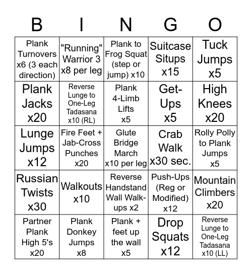 FITNESS BINGO!! Bingo Card