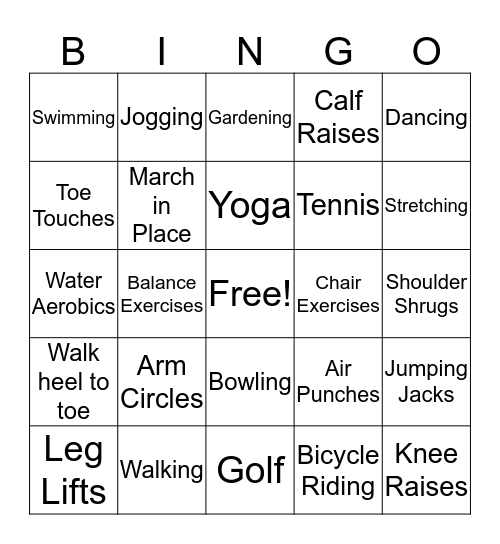 Fitness Bingo for Older Adults Bingo Card