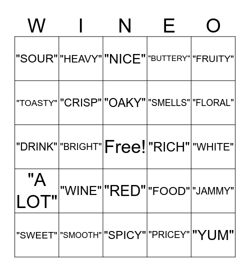 WINE BINGO LINGO Bingo Card