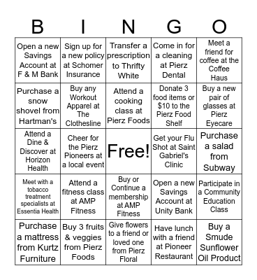 PACC Winter Health & Wellness Challenge Bingo Card