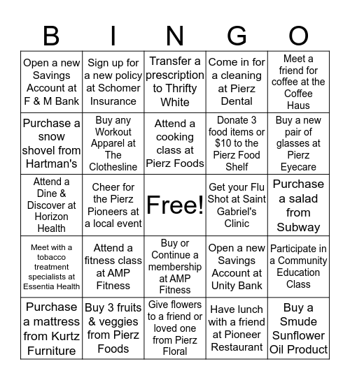 PACC Winter Health & Wellness Challenge Bingo Card