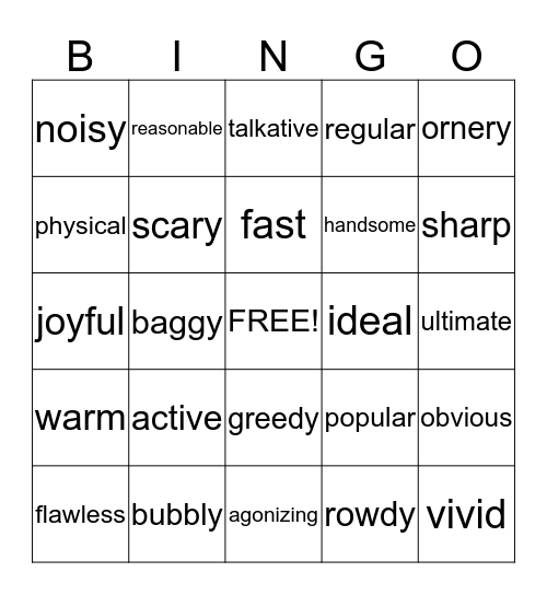 Adjective  Bingo Card