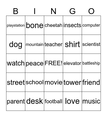 Noun Bingo Card