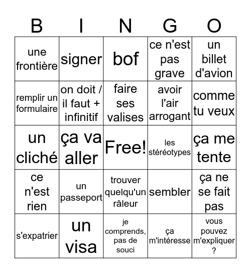 Unité 5 - Quizz Bingo Card
