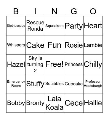 Sky's 2nd Birthday Bingo Card