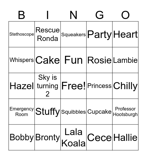 Sky's 2nd Birthday Bingo Card