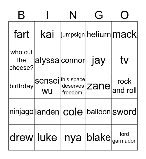 Lukes 7th Birthday Bingo Card